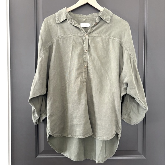 Nico Nico Army Green Buttoned Half Sleeve Linen Blend Top Size Small - Picture 2 of 6